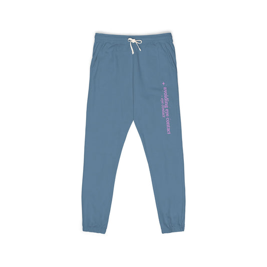 Cozy Blue Garment-Dyed Sweatpants with Vertical Pink Text